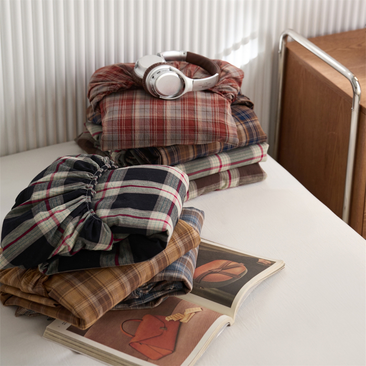 91家纺网 家纺一手货源 找家纺 启程家纺 2026新款纯棉水洗棉复古大格系列多规格纯棉床笠 组合