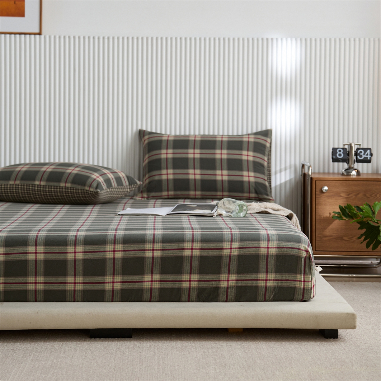 91家纺网 家纺一手货源 找家纺 启程家纺 2026新款纯棉水洗棉复古大格系列多规格纯棉床笠 摩登大绿