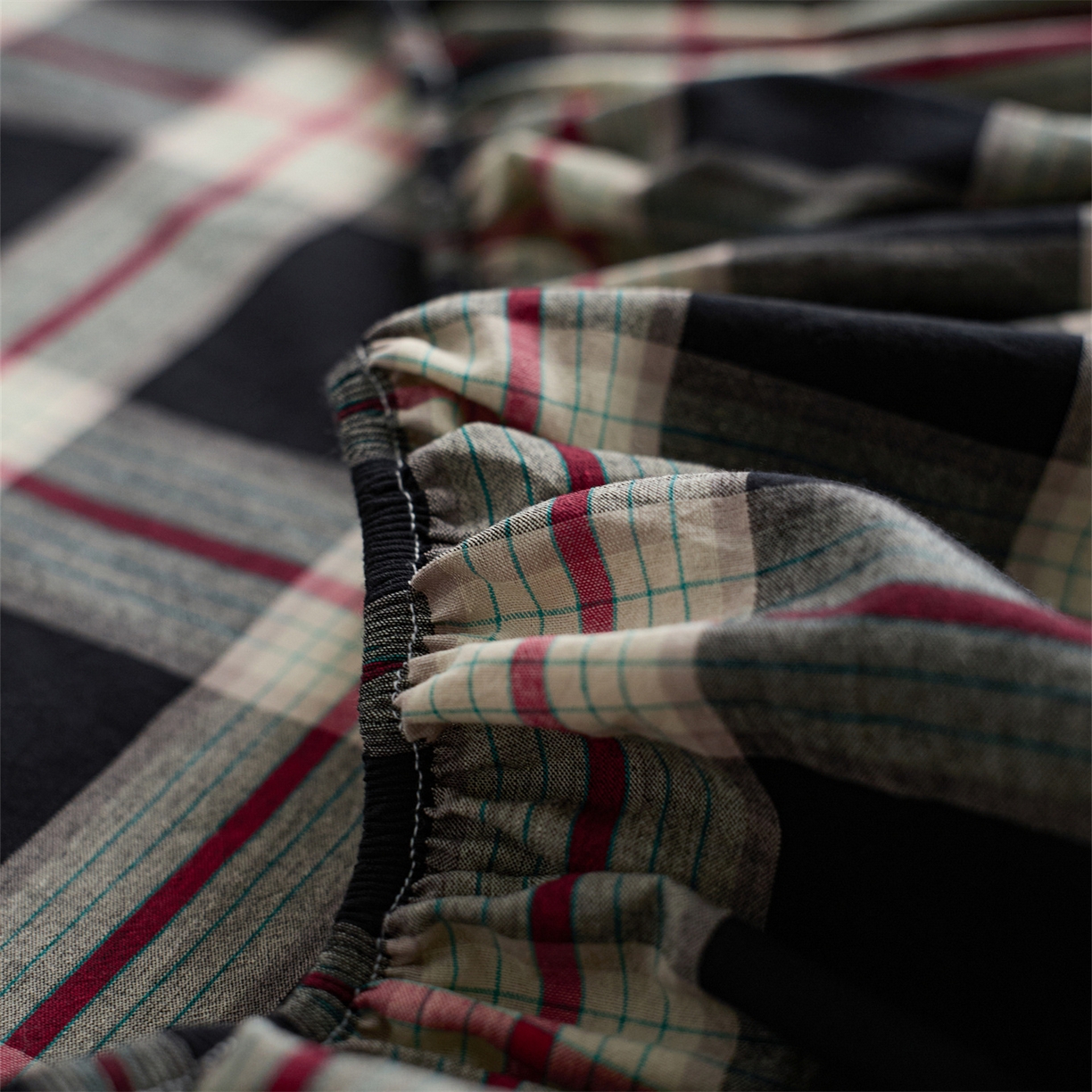 91家纺网 家纺一手货源 找家纺 启程家纺 2026新款纯棉水洗棉复古大格系列多规格纯棉床笠 摩登大黑