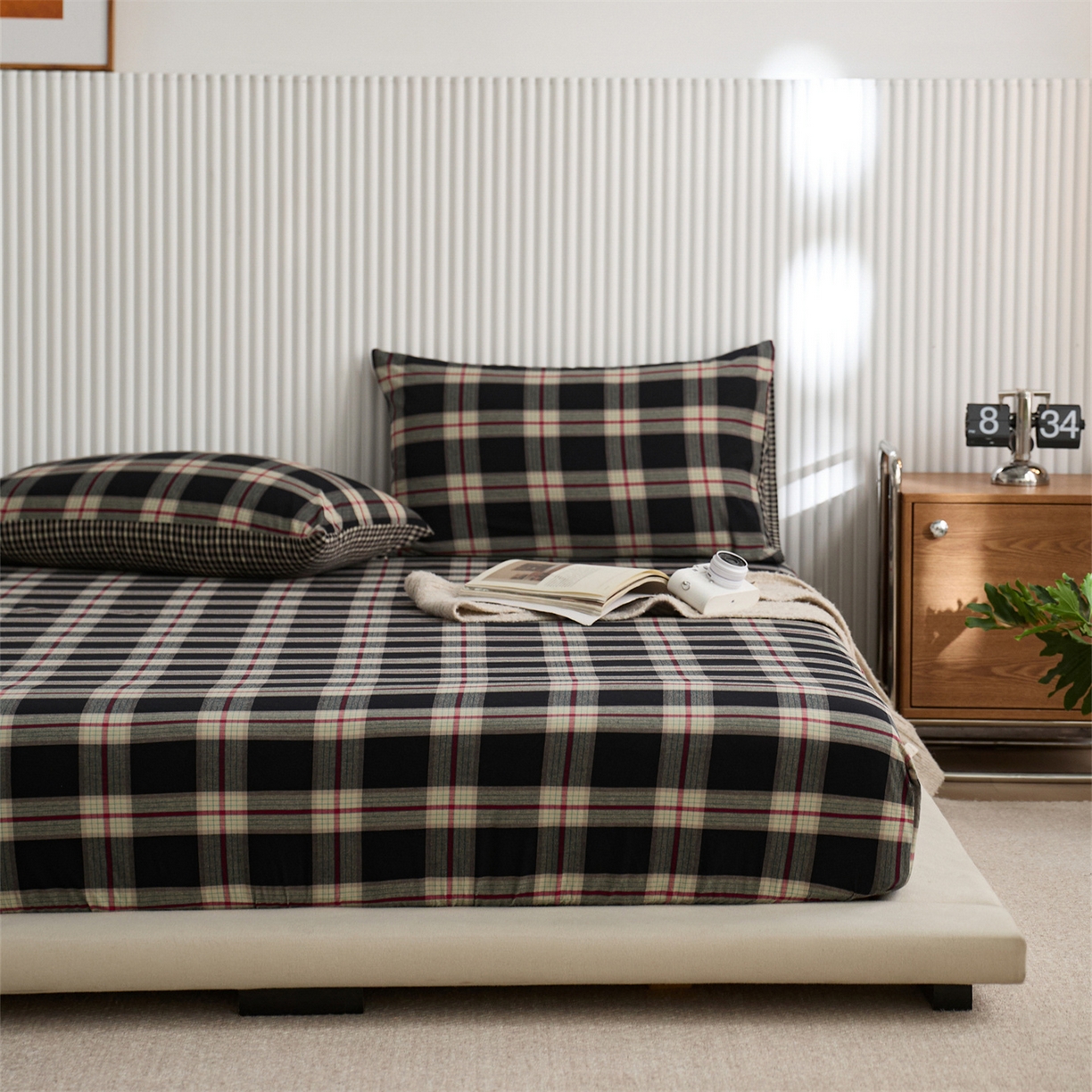 91家纺网 家纺一手货源 找家纺 启程家纺 2026新款纯棉水洗棉复古大格系列多规格纯棉床笠 摩登大黑