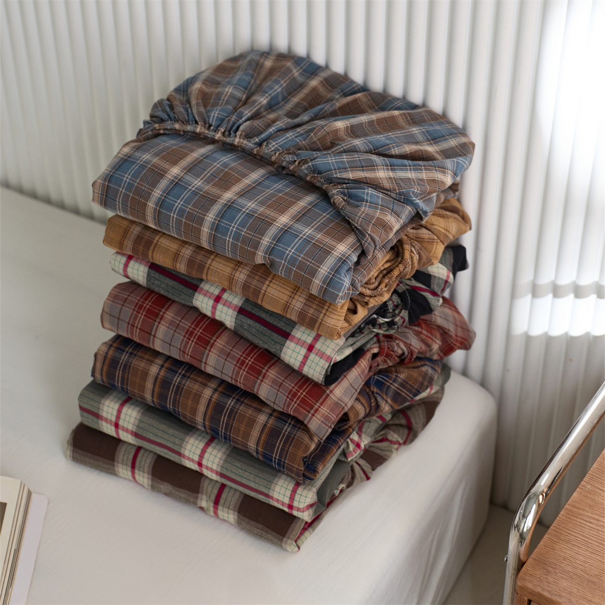 91家纺网 家纺一手货源 找家纺 启程家纺 2026新款纯棉水洗棉复古大格系列多规格纯棉床笠 组合