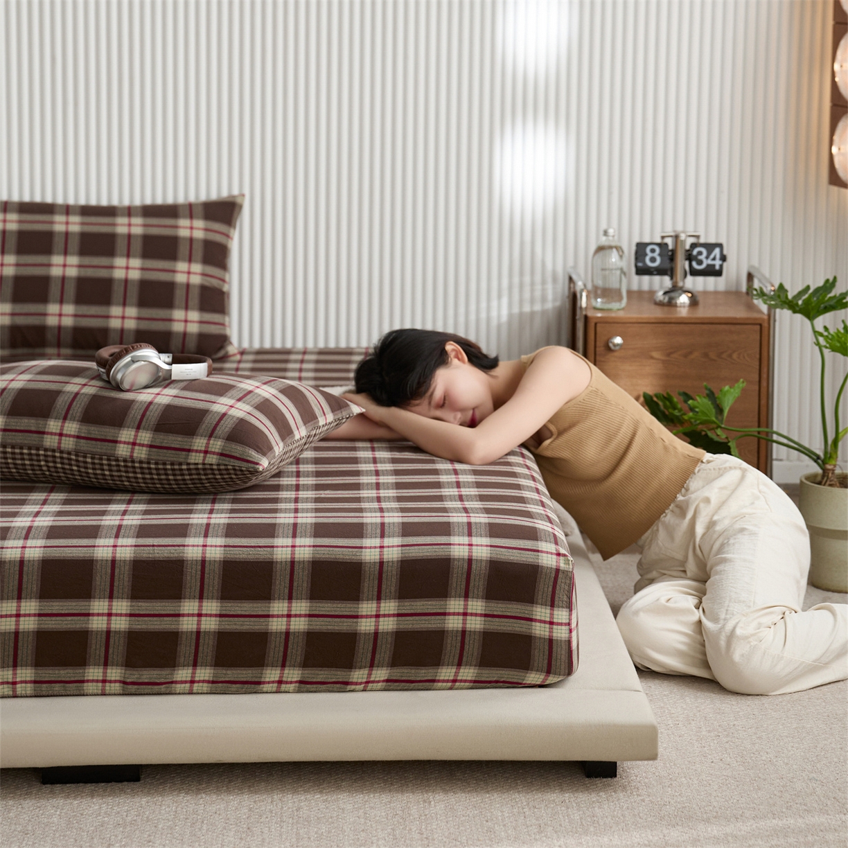 91家纺网 家纺一手货源 找家纺 启程家纺 2026新款纯棉水洗棉复古大格系列多规格纯棉床笠 摩登大咖