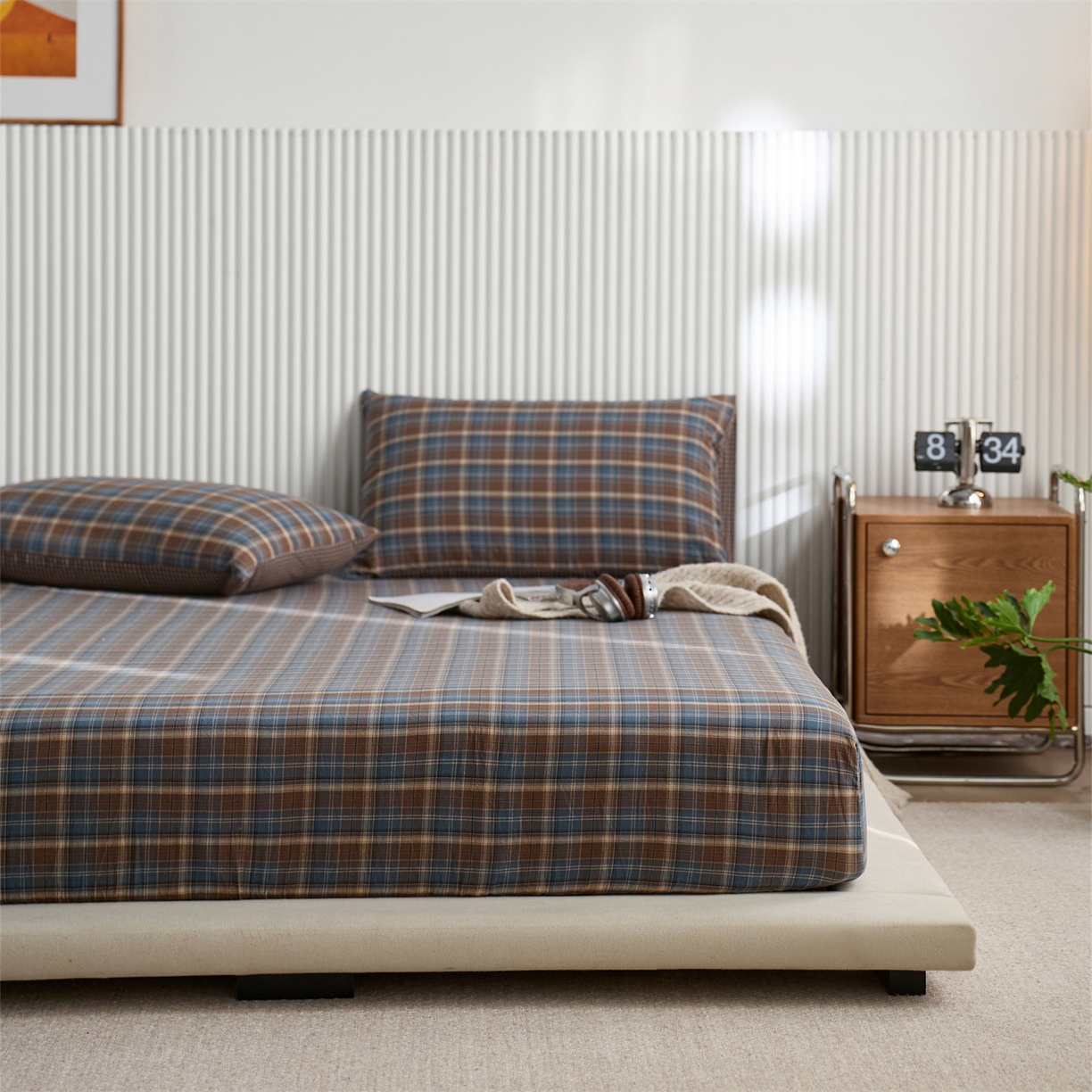 91家纺网 家纺一手货源 找家纺 启程家纺 2026新款纯棉水洗棉复古大格系列多规格纯棉床笠 苏格兰蓝大格