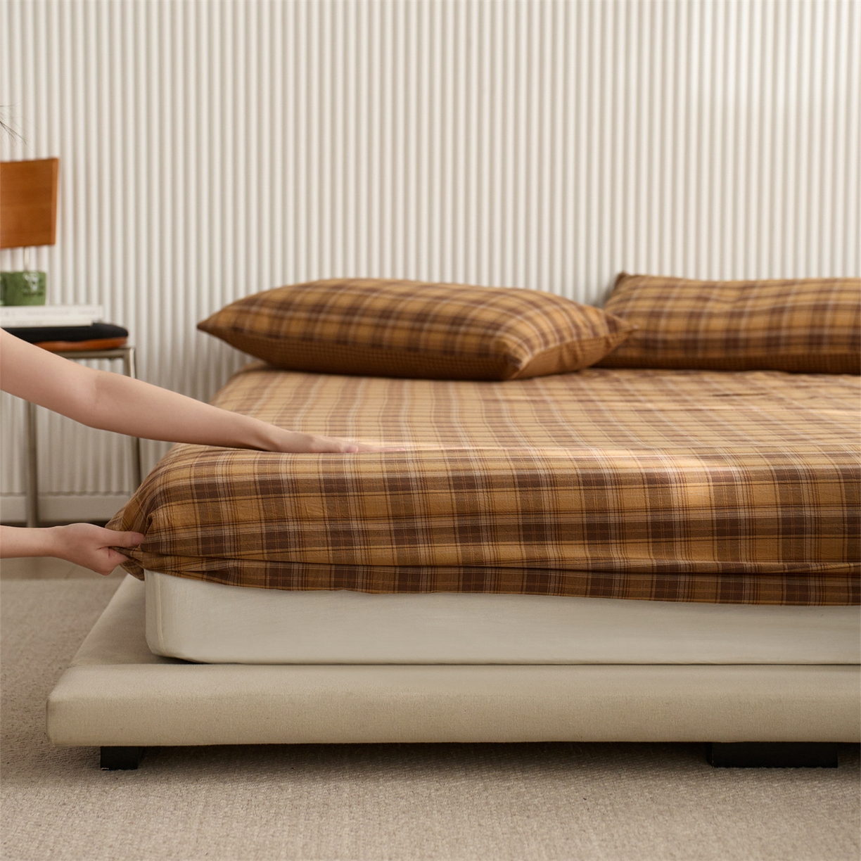 91家纺网 家纺一手货源 找家纺 启程家纺 2026新款纯棉水洗棉复古大格系列多规格纯棉床笠 苏格兰黄大格