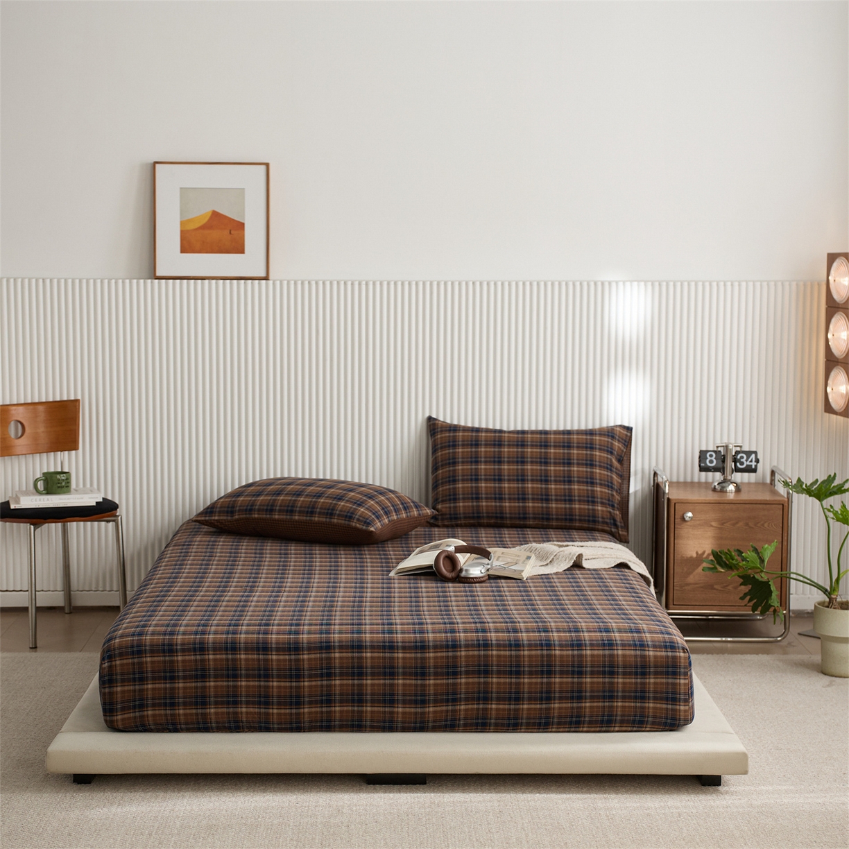 启程家纺 2026新款纯棉水洗棉复古大格系列多规格纯棉床笠 苏格兰藏蓝大格