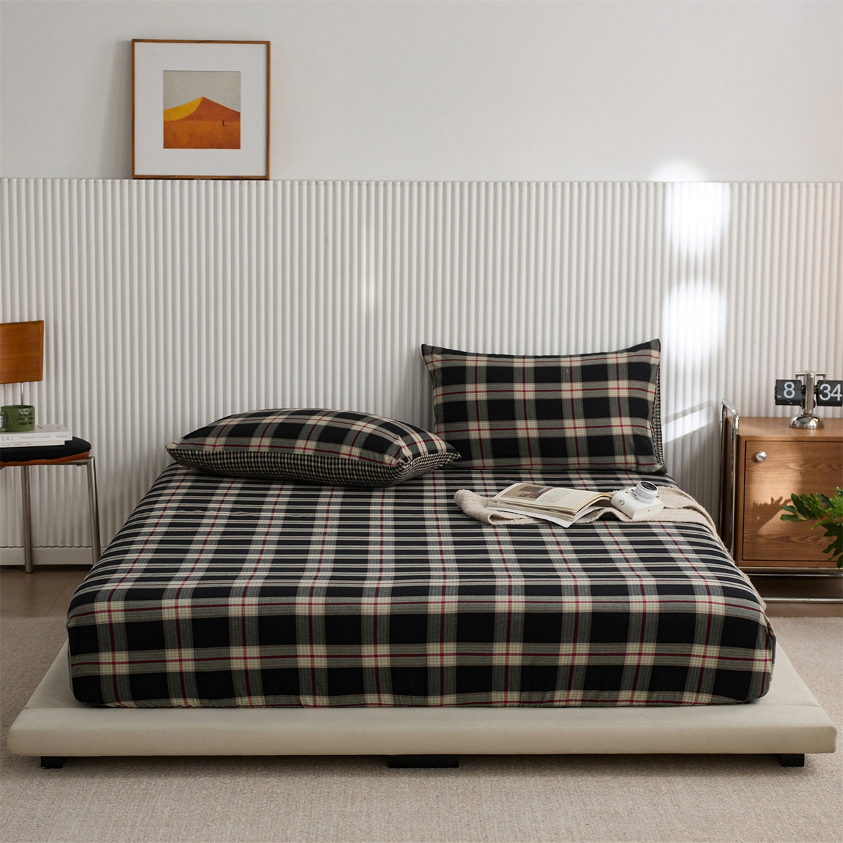 启程家纺 2026新款纯棉水洗棉复古大格系列多规格纯棉床笠 摩登大黑