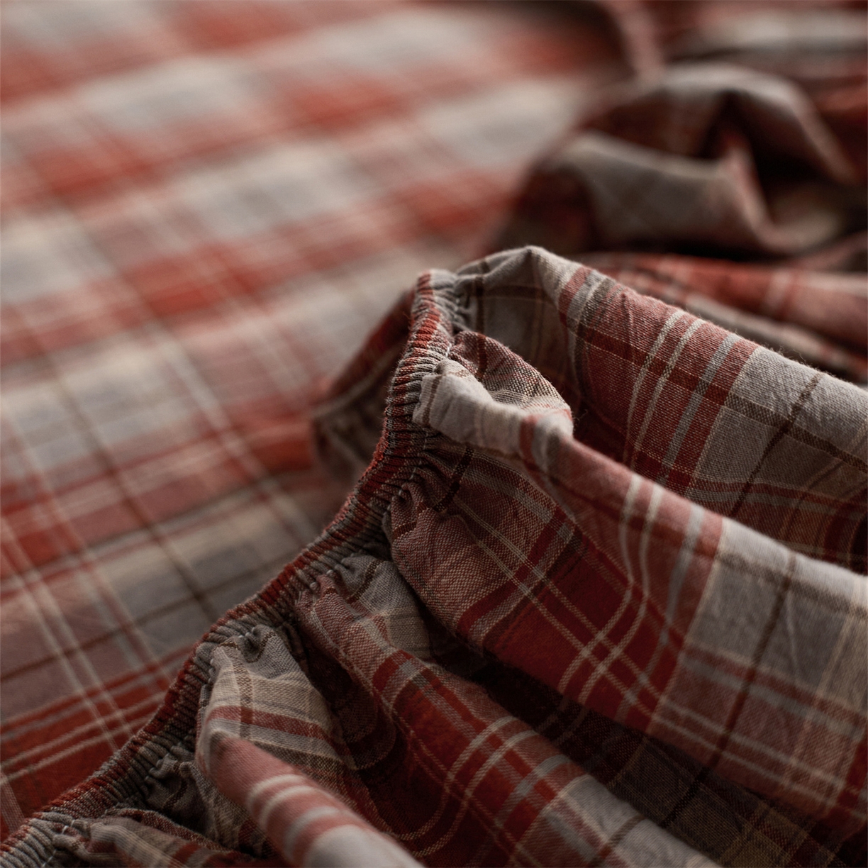 91家纺网 家纺一手货源 找家纺 启程家纺 2026新款纯棉水洗棉复古大格系列多规格纯棉床笠 苏格兰红大格