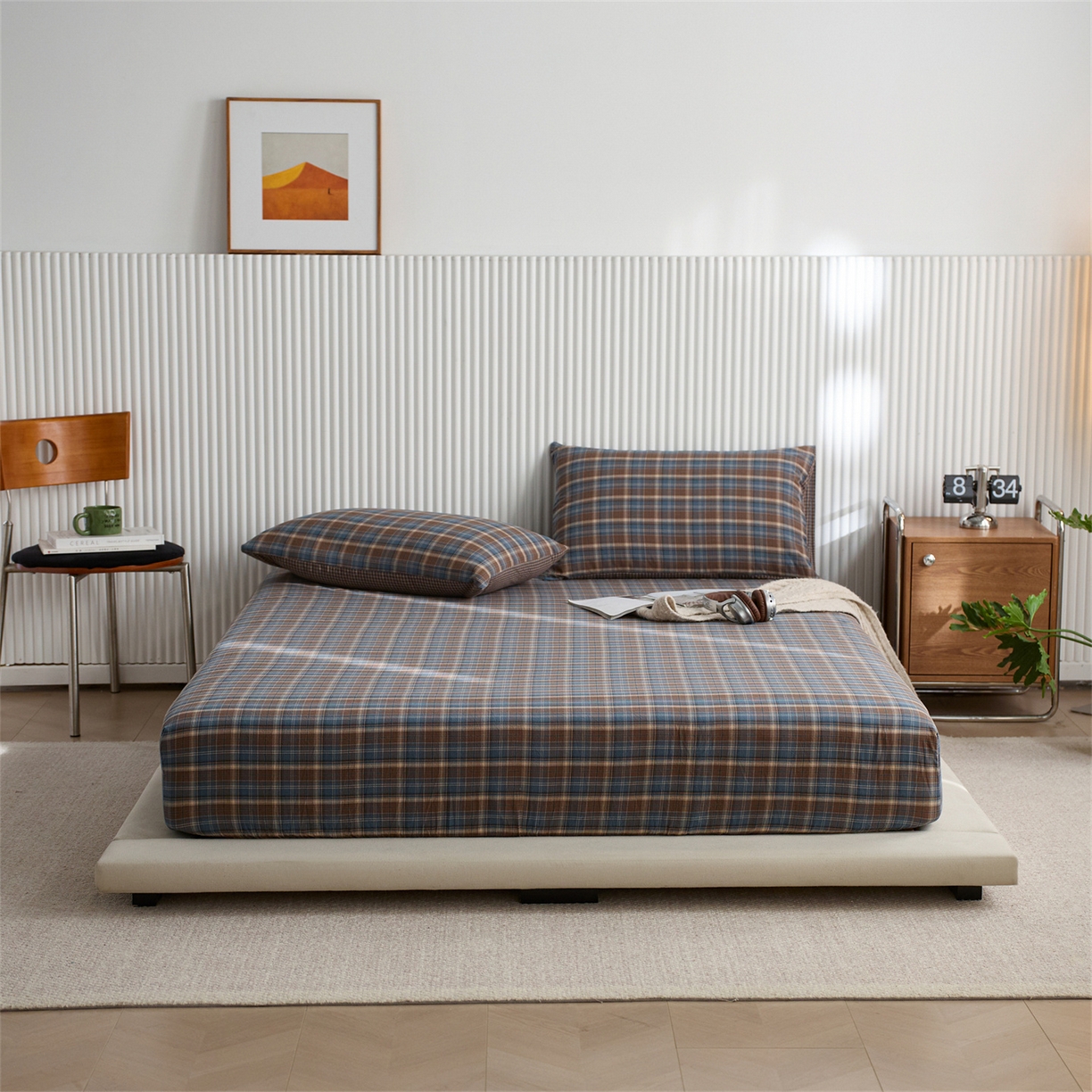 启程家纺 2026新款纯棉水洗棉复古大格系列多规格纯棉床笠 苏格兰蓝大格