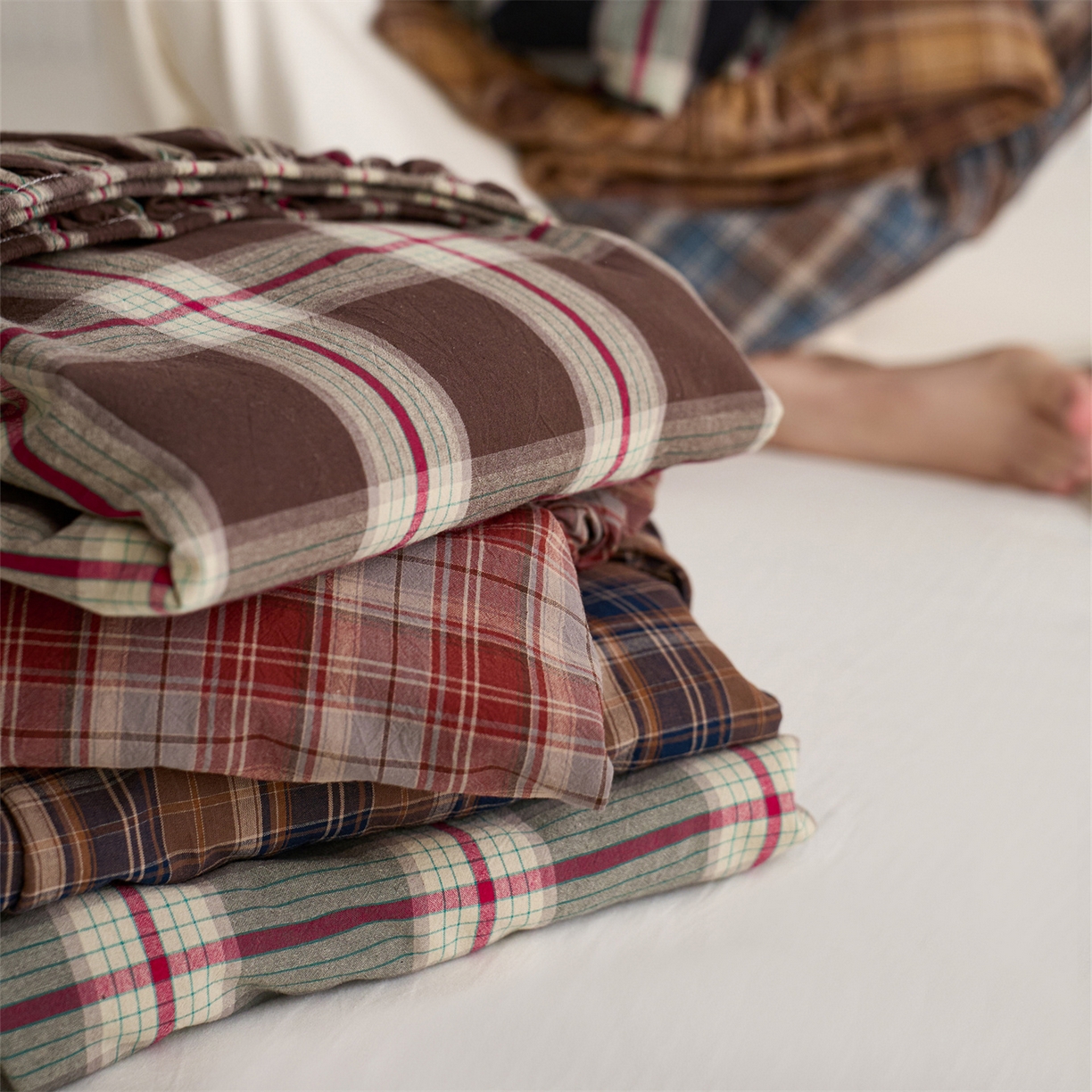 91家纺网 家纺一手货源 找家纺 启程家纺 2026新款纯棉水洗棉复古大格系列多规格纯棉床笠 组合