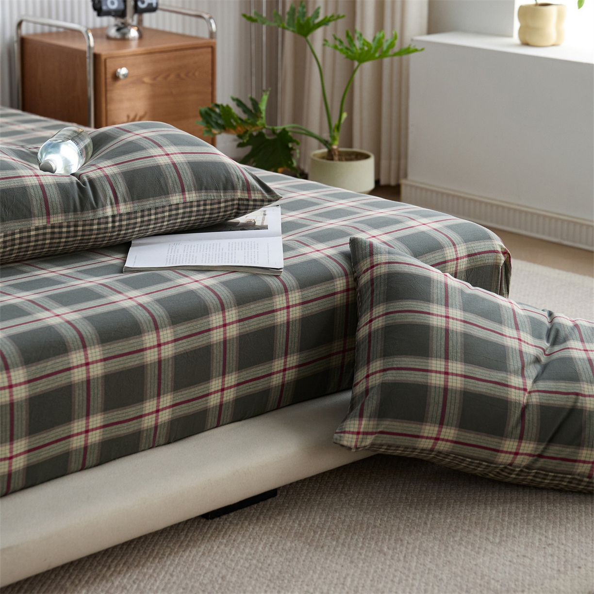 91家纺网 家纺一手货源 找家纺 启程家纺 2026新款纯棉水洗棉复古大格系列多规格纯棉床笠 摩登大绿