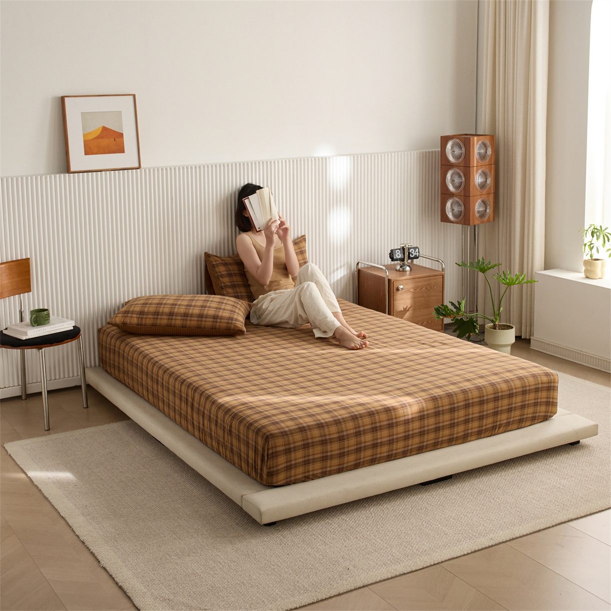 91家纺网 家纺一手货源 找家纺 启程家纺 2026新款纯棉水洗棉复古大格系列多规格纯棉床笠 苏格兰黄大格