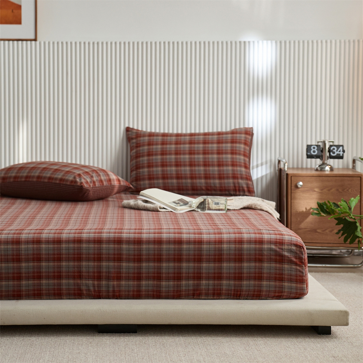 91家纺网 家纺一手货源 找家纺 启程家纺 2026新款纯棉水洗棉复古大格系列多规格纯棉床笠 苏格兰红大格