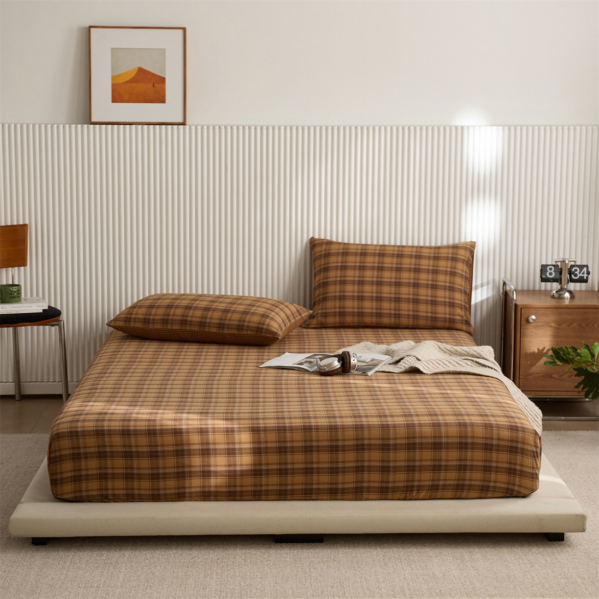 启程家纺 2026新款纯棉水洗棉复古大格系列多规格纯棉床笠 苏格兰黄大格