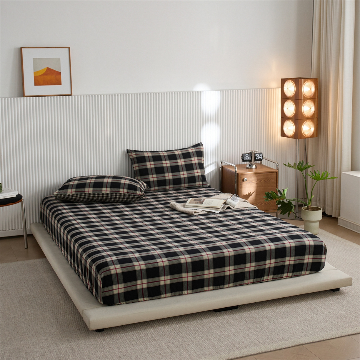 91家纺网 家纺一手货源 找家纺 启程家纺 2026新款纯棉水洗棉复古大格系列多规格纯棉床笠 摩登大黑