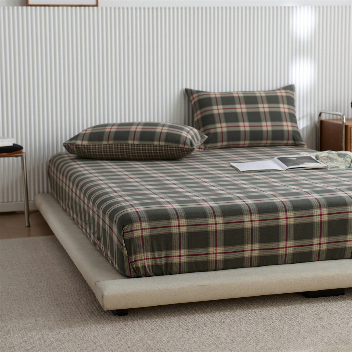 91家纺网 家纺一手货源 找家纺 启程家纺 2026新款纯棉水洗棉复古大格系列多规格纯棉床笠 摩登大绿