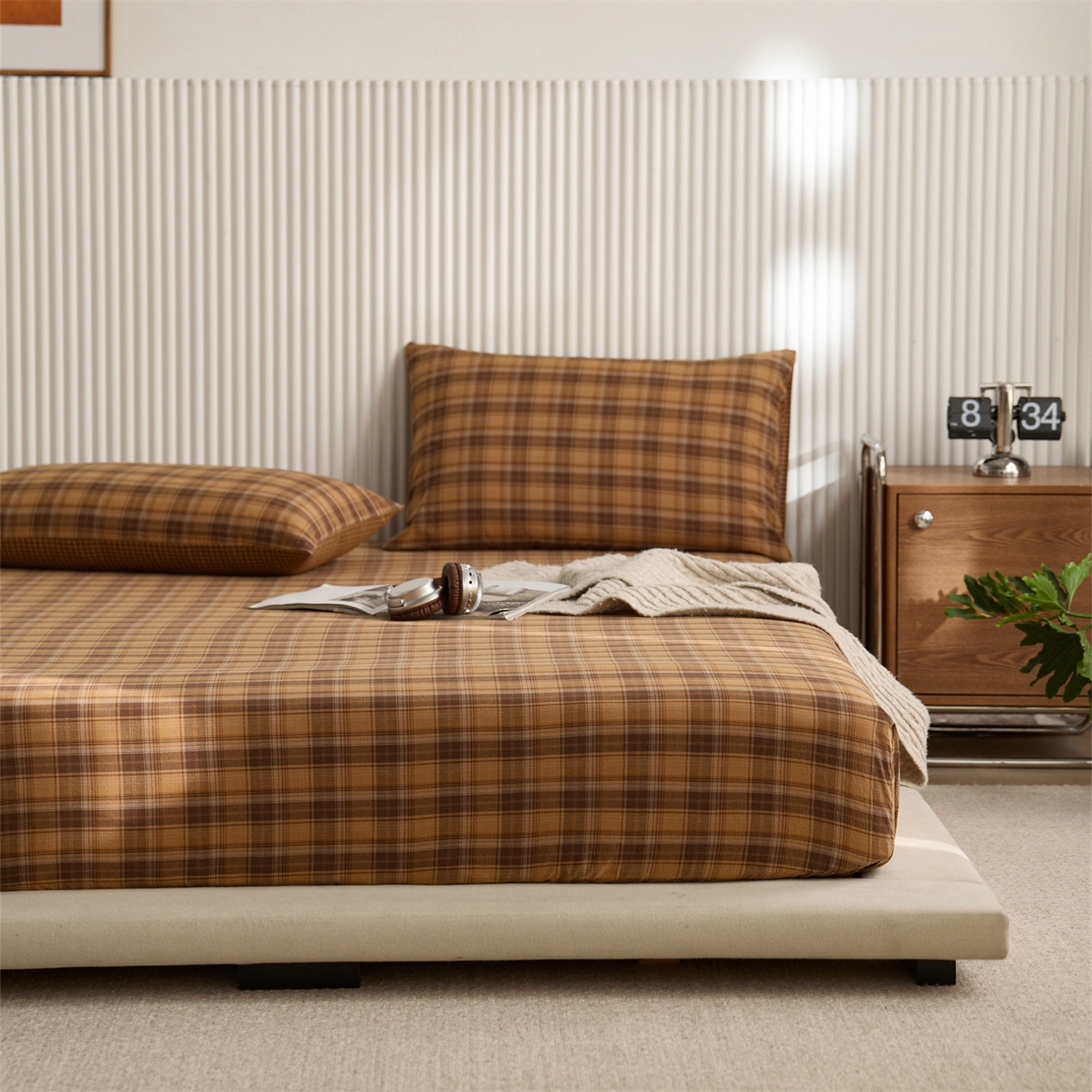 91家纺网 家纺一手货源 找家纺 启程家纺 2026新款纯棉水洗棉复古大格系列多规格纯棉床笠 苏格兰黄大格