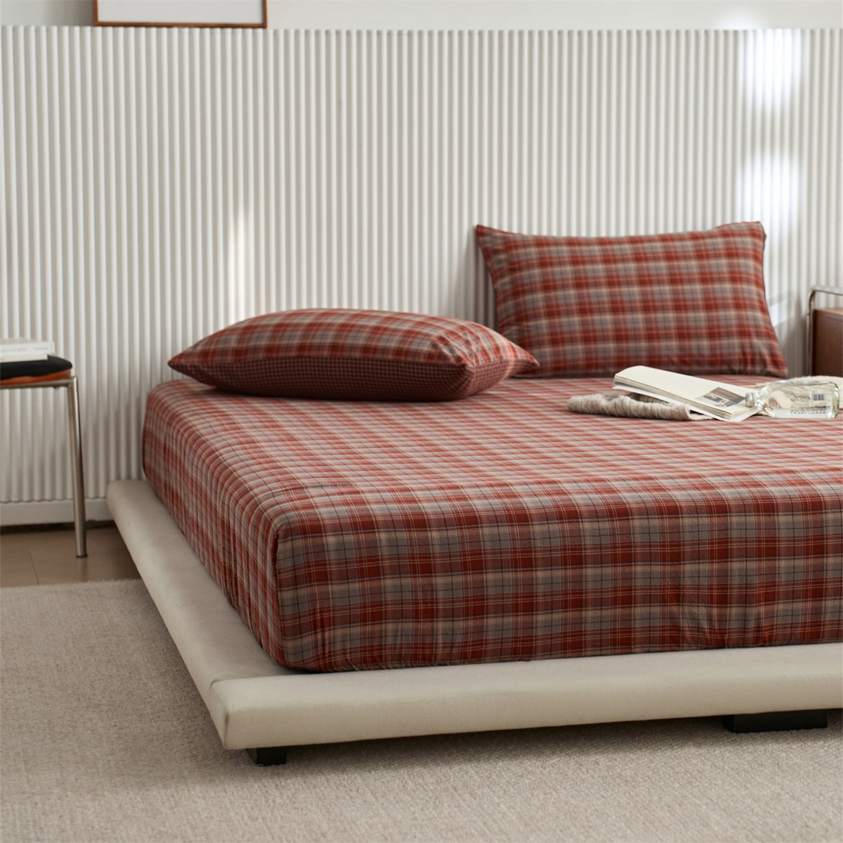 91家纺网 家纺一手货源 找家纺 启程家纺 2026新款纯棉水洗棉复古大格系列多规格纯棉床笠 苏格兰红大格