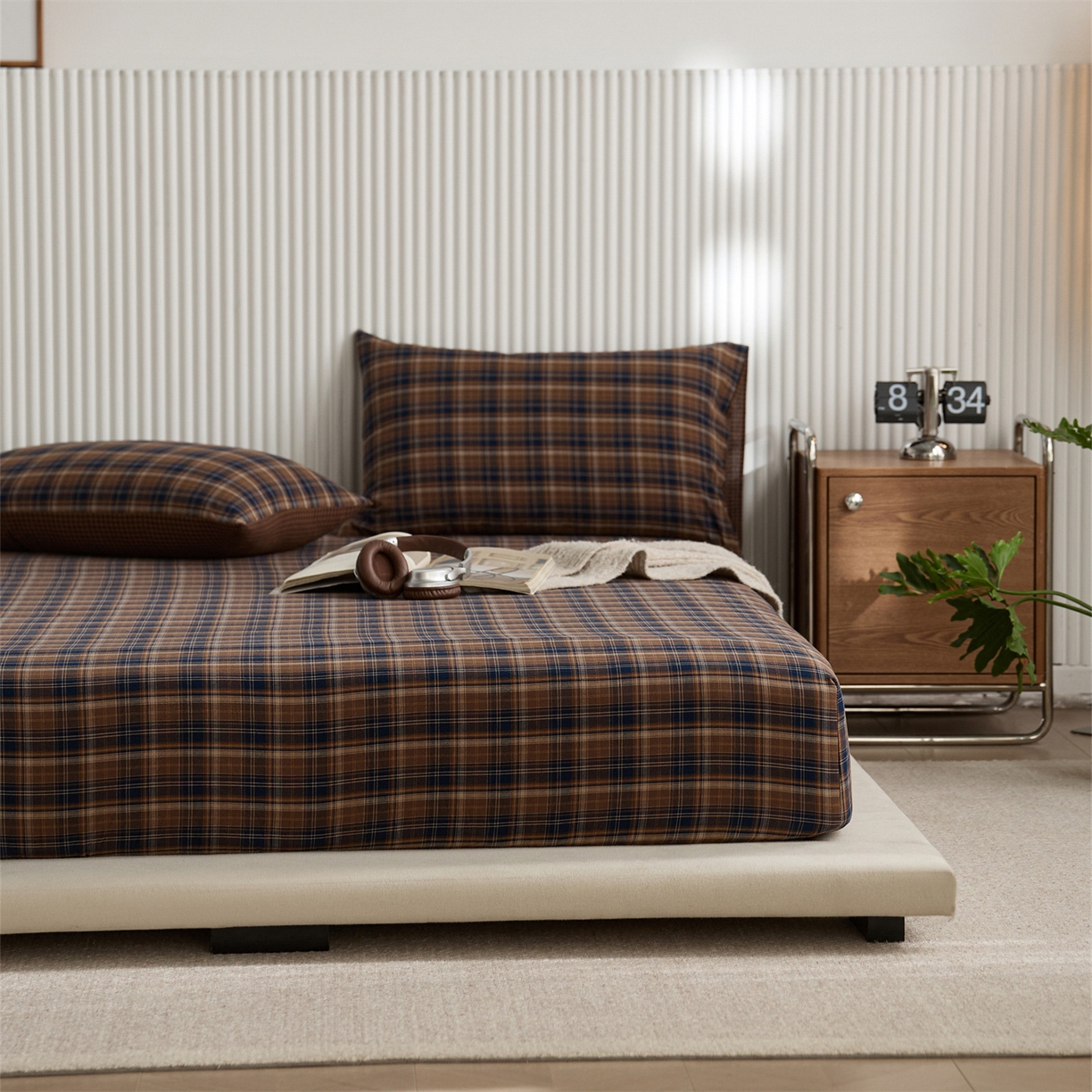 91家纺网 家纺一手货源 找家纺 启程家纺 2026新款纯棉水洗棉复古大格系列多规格纯棉床笠 苏格兰藏蓝大格