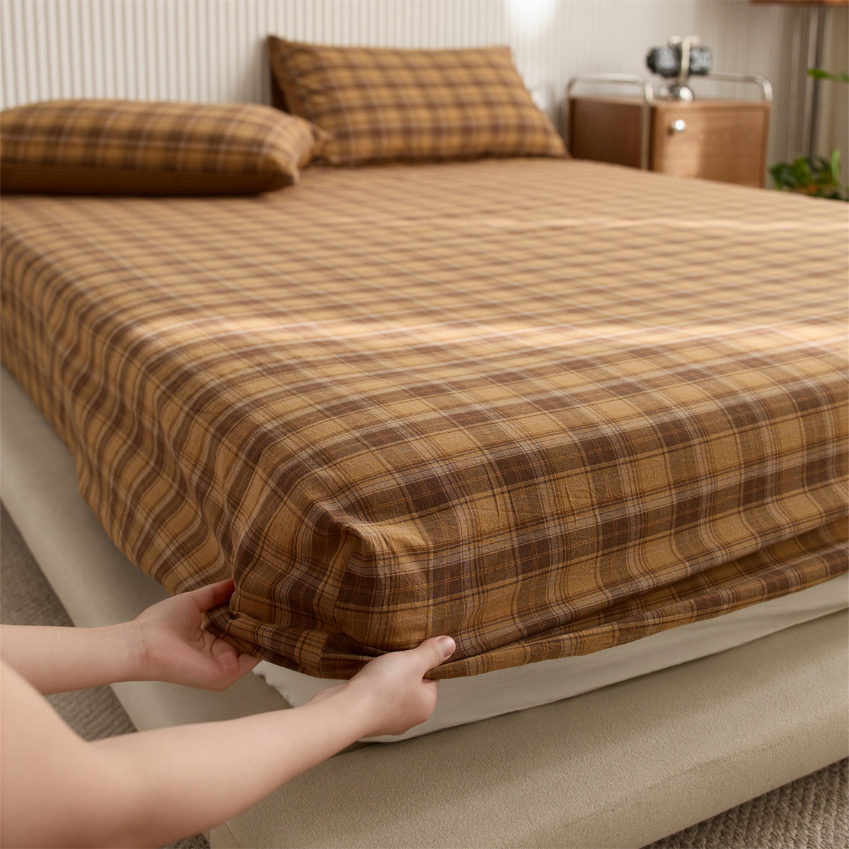 91家纺网 家纺一手货源 找家纺 启程家纺 2026新款纯棉水洗棉复古大格系列多规格纯棉床笠 苏格兰黄大格