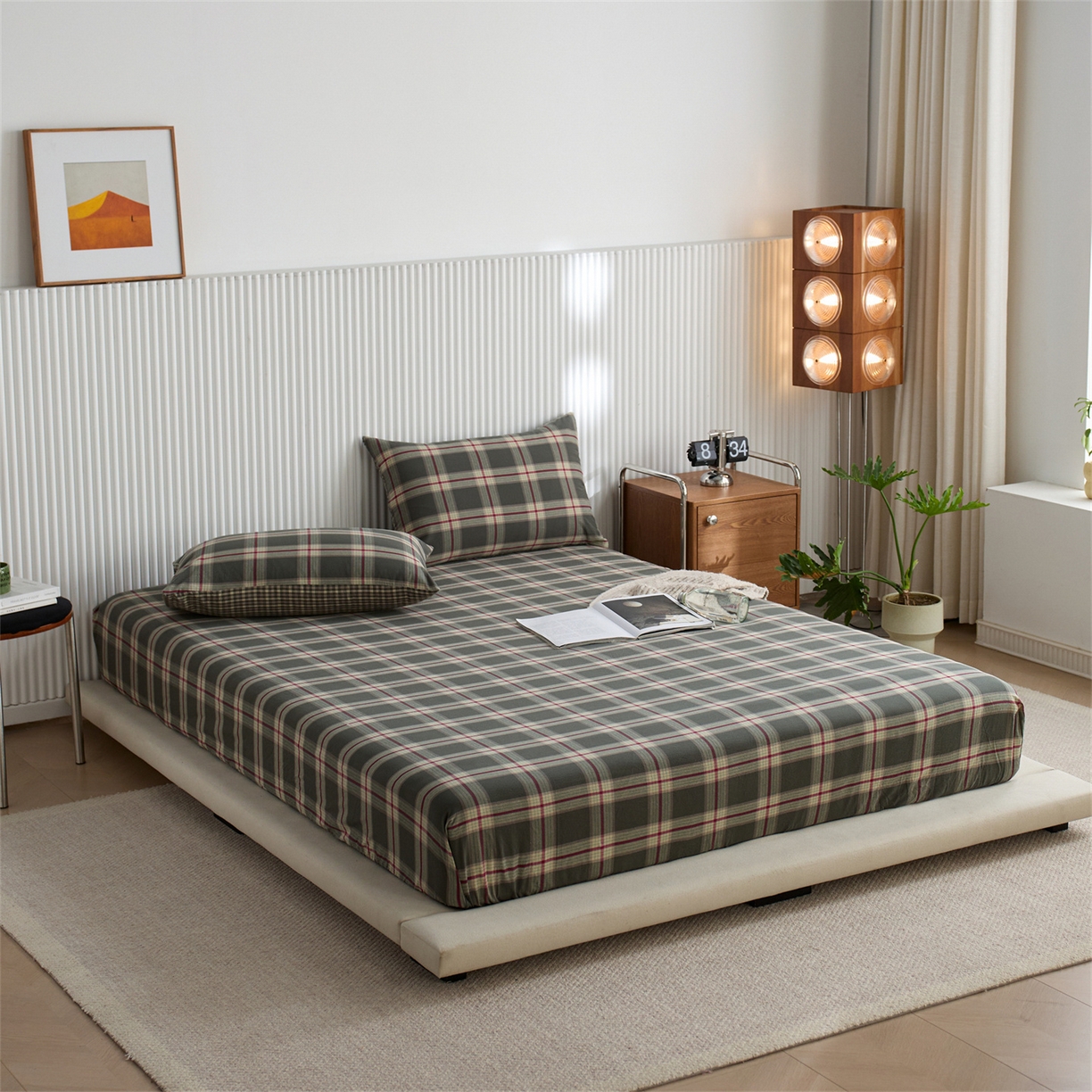 91家纺网 家纺一手货源 找家纺 启程家纺 2026新款纯棉水洗棉复古大格系列多规格纯棉床笠 摩登大绿