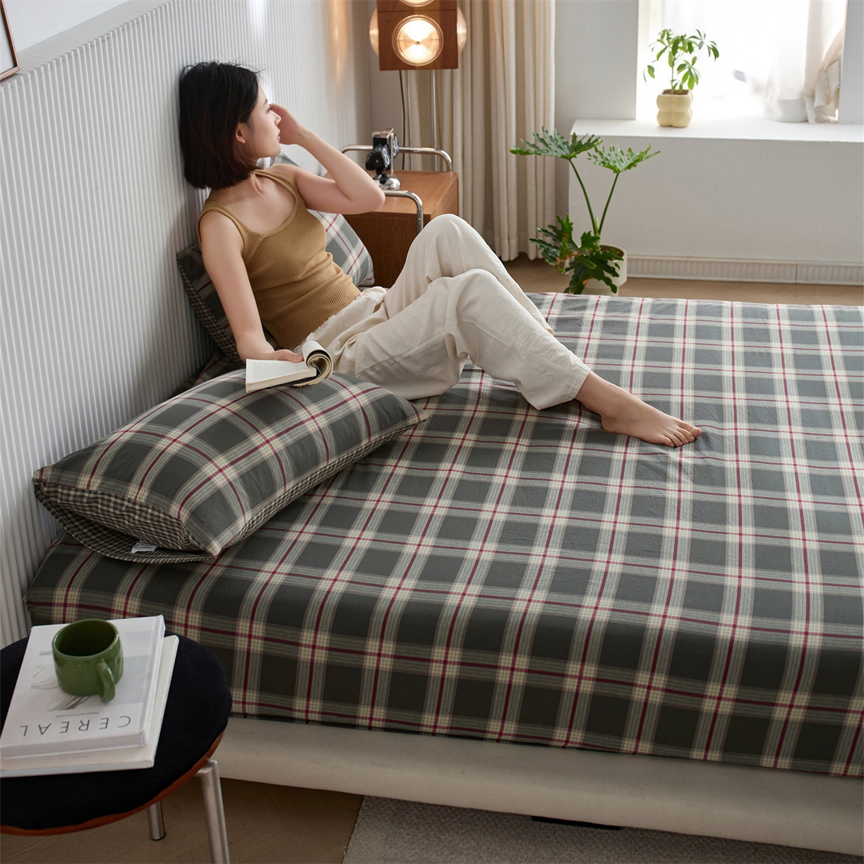 91家纺网 家纺一手货源 找家纺 启程家纺 2026新款纯棉水洗棉复古大格系列多规格纯棉床笠 摩登大绿