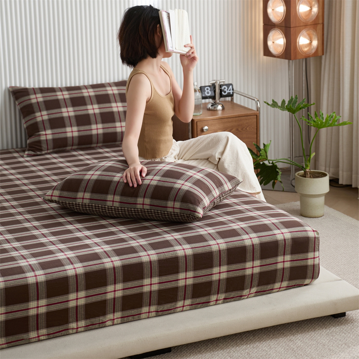 91家纺网 家纺一手货源 找家纺 启程家纺 2026新款纯棉水洗棉复古大格系列多规格纯棉床笠 摩登大咖