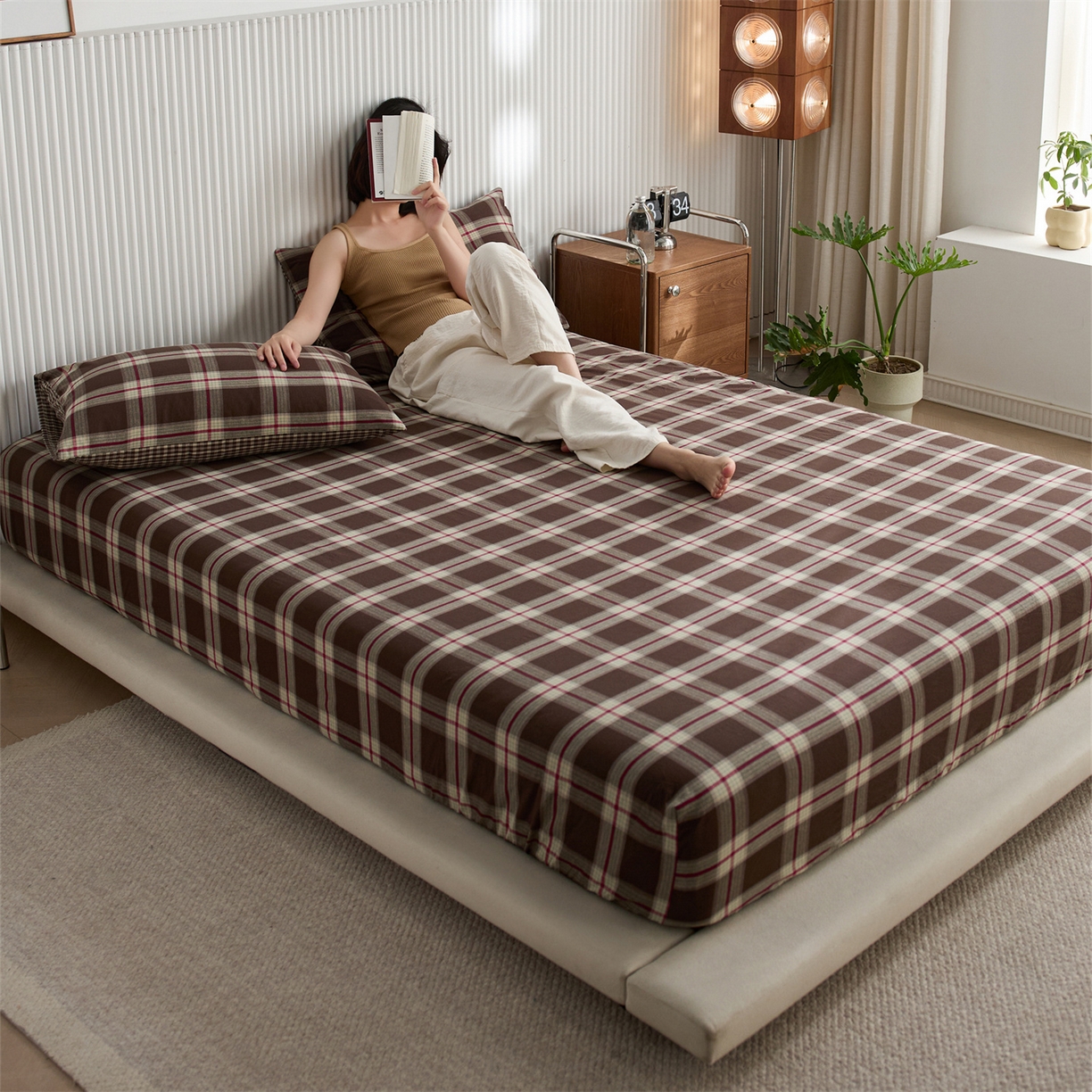 91家纺网 家纺一手货源 找家纺 启程家纺 2026新款纯棉水洗棉复古大格系列多规格纯棉床笠 摩登大咖