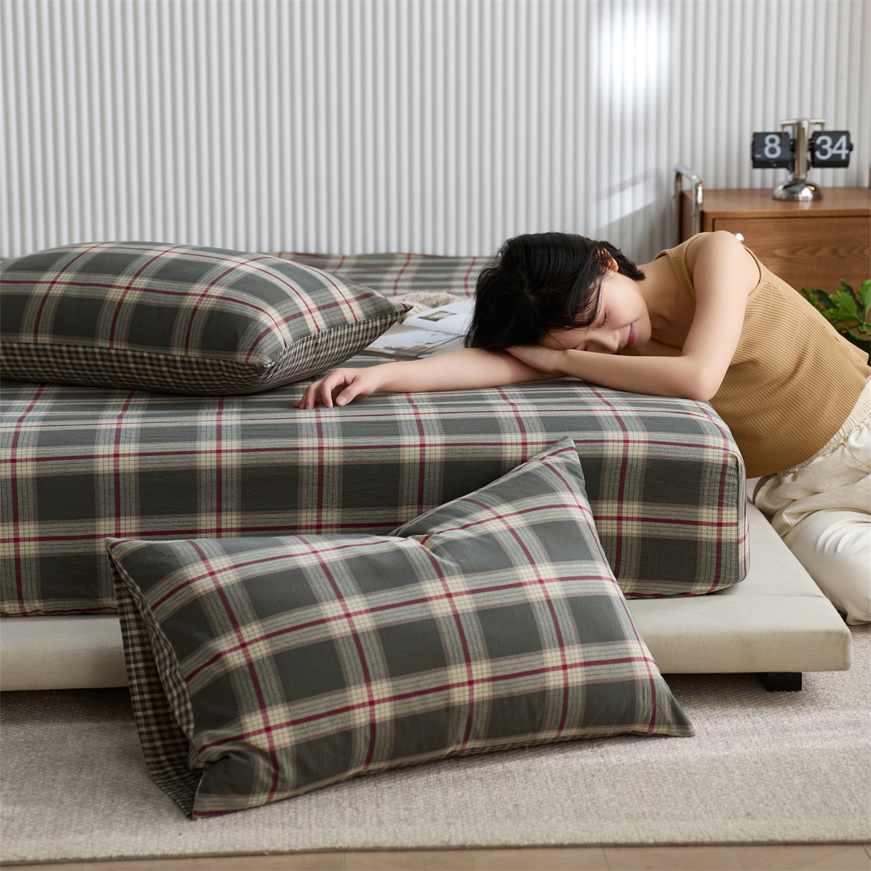 91家纺网 家纺一手货源 找家纺 启程家纺 2026新款纯棉水洗棉复古大格系列多规格纯棉床笠 摩登大绿