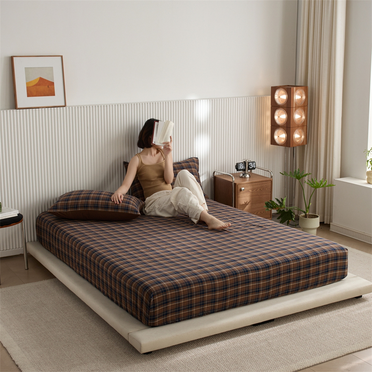 91家纺网 家纺一手货源 找家纺 启程家纺 2026新款纯棉水洗棉复古大格系列多规格纯棉床笠 苏格兰藏蓝大格