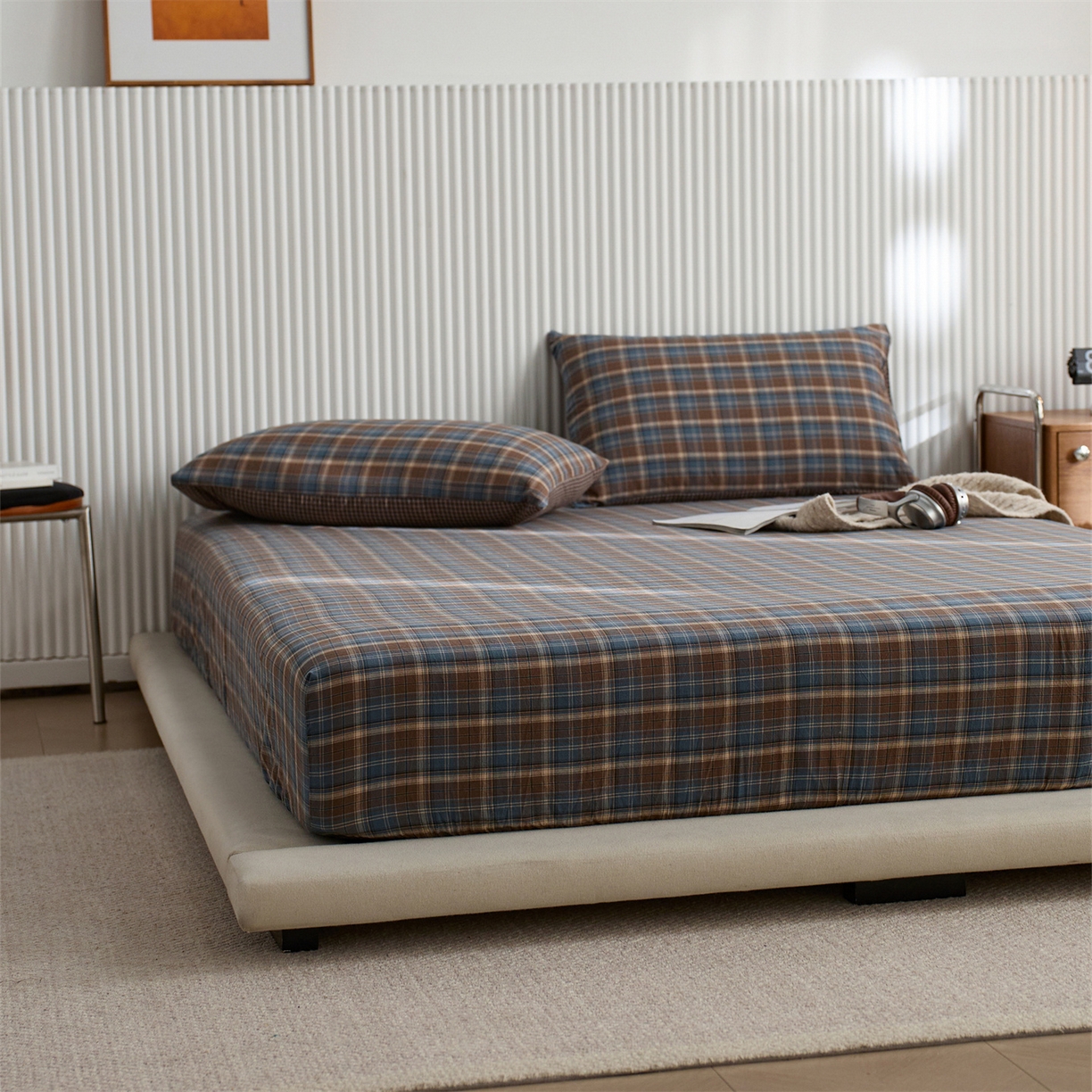 91家纺网 家纺一手货源 找家纺 启程家纺 2026新款纯棉水洗棉复古大格系列多规格纯棉床笠 苏格兰蓝大格