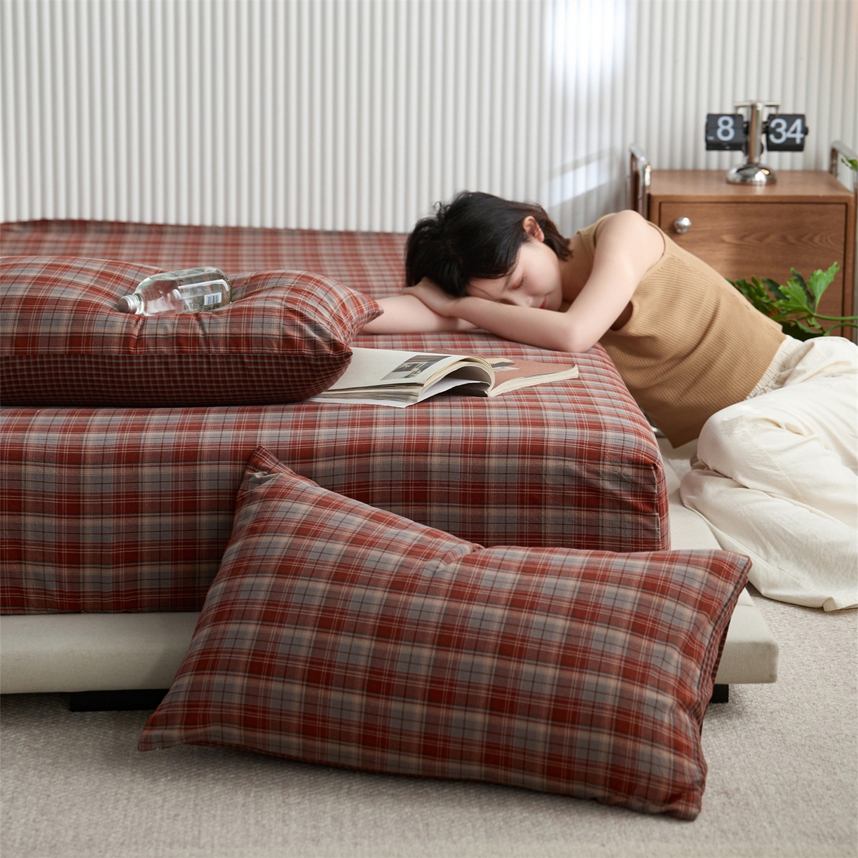 91家纺网 家纺一手货源 找家纺 启程家纺 2026新款纯棉水洗棉复古大格系列多规格纯棉床笠 苏格兰红大格