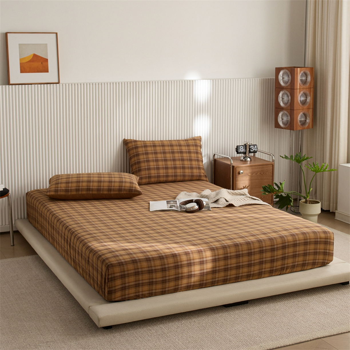 91家纺网 家纺一手货源 找家纺 启程家纺 2026新款纯棉水洗棉复古大格系列多规格纯棉床笠 苏格兰黄大格