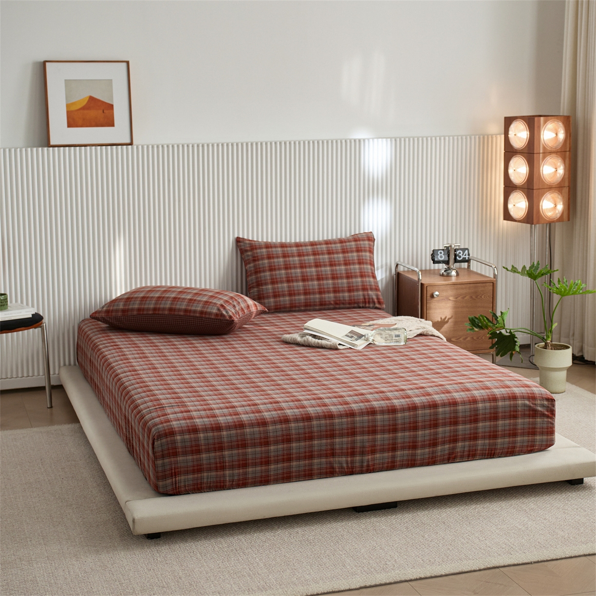 91家纺网 家纺一手货源 找家纺 启程家纺 2026新款纯棉水洗棉复古大格系列多规格纯棉床笠 苏格兰红大格