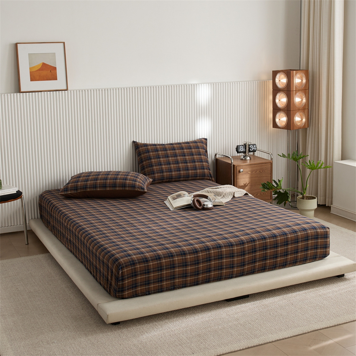 91家纺网 家纺一手货源 找家纺 启程家纺 2026新款纯棉水洗棉复古大格系列多规格纯棉床笠 苏格兰藏蓝大格