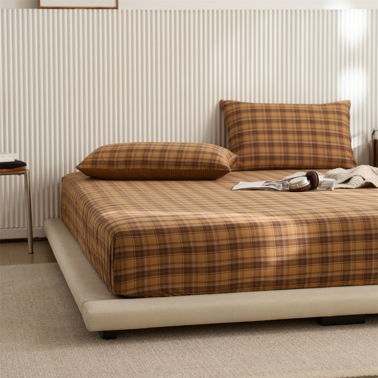 91家纺网 家纺一手货源 找家纺 启程家纺 2026新款纯棉水洗棉复古大格系列多规格纯棉床笠 苏格兰黄大格