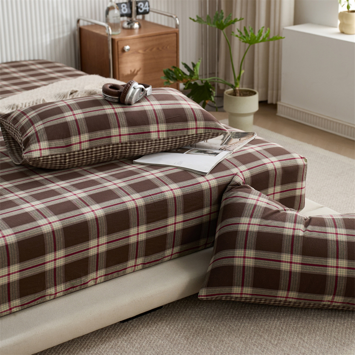 91家纺网 家纺一手货源 找家纺 启程家纺 2026新款纯棉水洗棉复古大格系列多规格纯棉床笠 摩登大咖