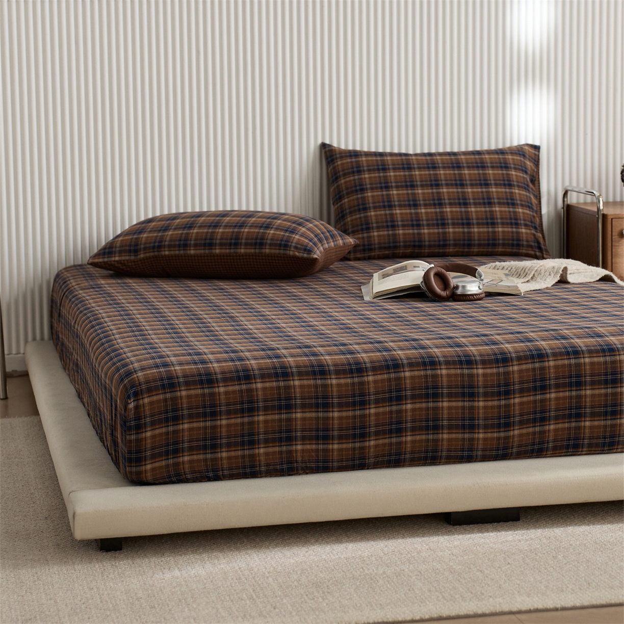 91家纺网 家纺一手货源 找家纺 启程家纺 2026新款纯棉水洗棉复古大格系列多规格纯棉床笠 苏格兰藏蓝大格