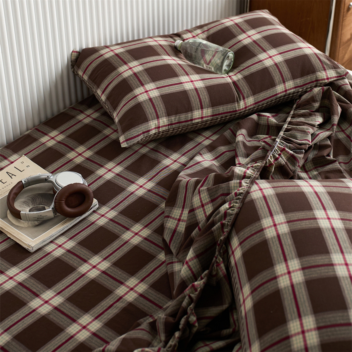 91家纺网 家纺一手货源 找家纺 启程家纺 2026新款纯棉水洗棉复古大格系列多规格纯棉床笠 摩登大咖