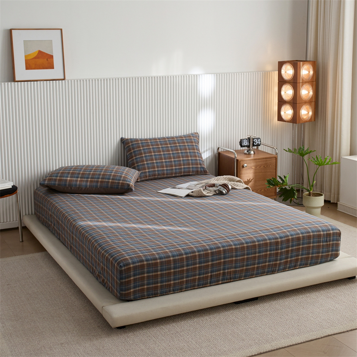 91家纺网 家纺一手货源 找家纺 启程家纺 2026新款纯棉水洗棉复古大格系列多规格纯棉床笠 苏格兰蓝大格