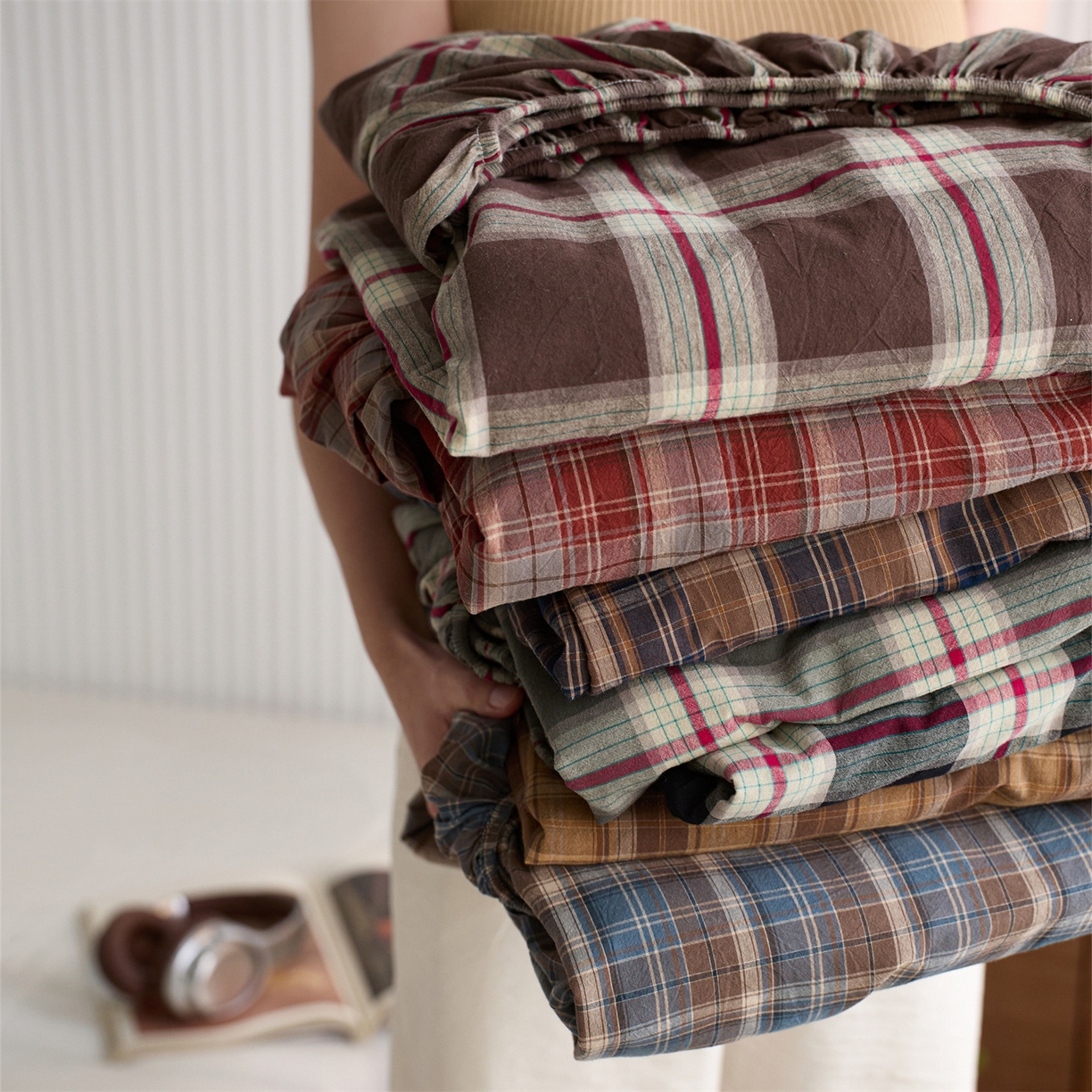 91家纺网 家纺一手货源 找家纺 启程家纺 2026新款纯棉水洗棉复古大格系列多规格纯棉床笠 组合