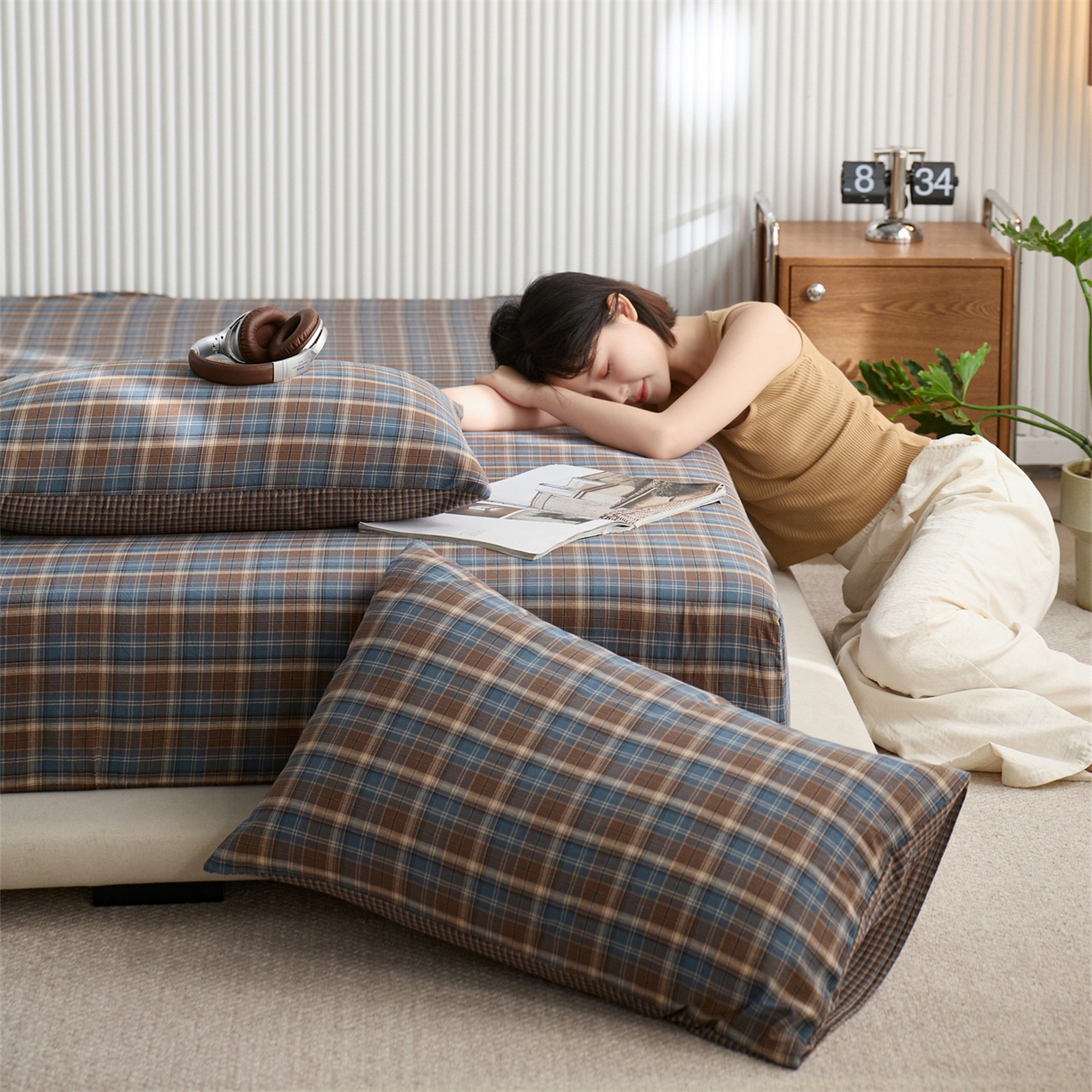 91家纺网 家纺一手货源 找家纺 启程家纺 2026新款纯棉水洗棉复古大格系列多规格纯棉床笠 苏格兰蓝大格