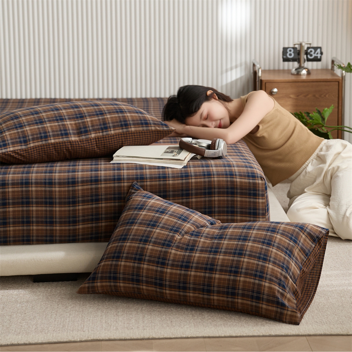 91家纺网 家纺一手货源 找家纺 启程家纺 2026新款纯棉水洗棉复古大格系列多规格纯棉床笠 苏格兰藏蓝大格