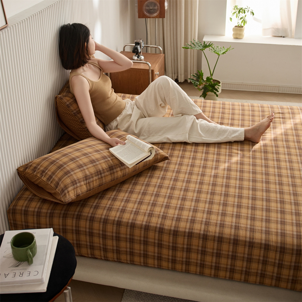 91家纺网 家纺一手货源 找家纺 启程家纺 2026新款纯棉水洗棉复古大格系列多规格纯棉床笠 苏格兰黄大格