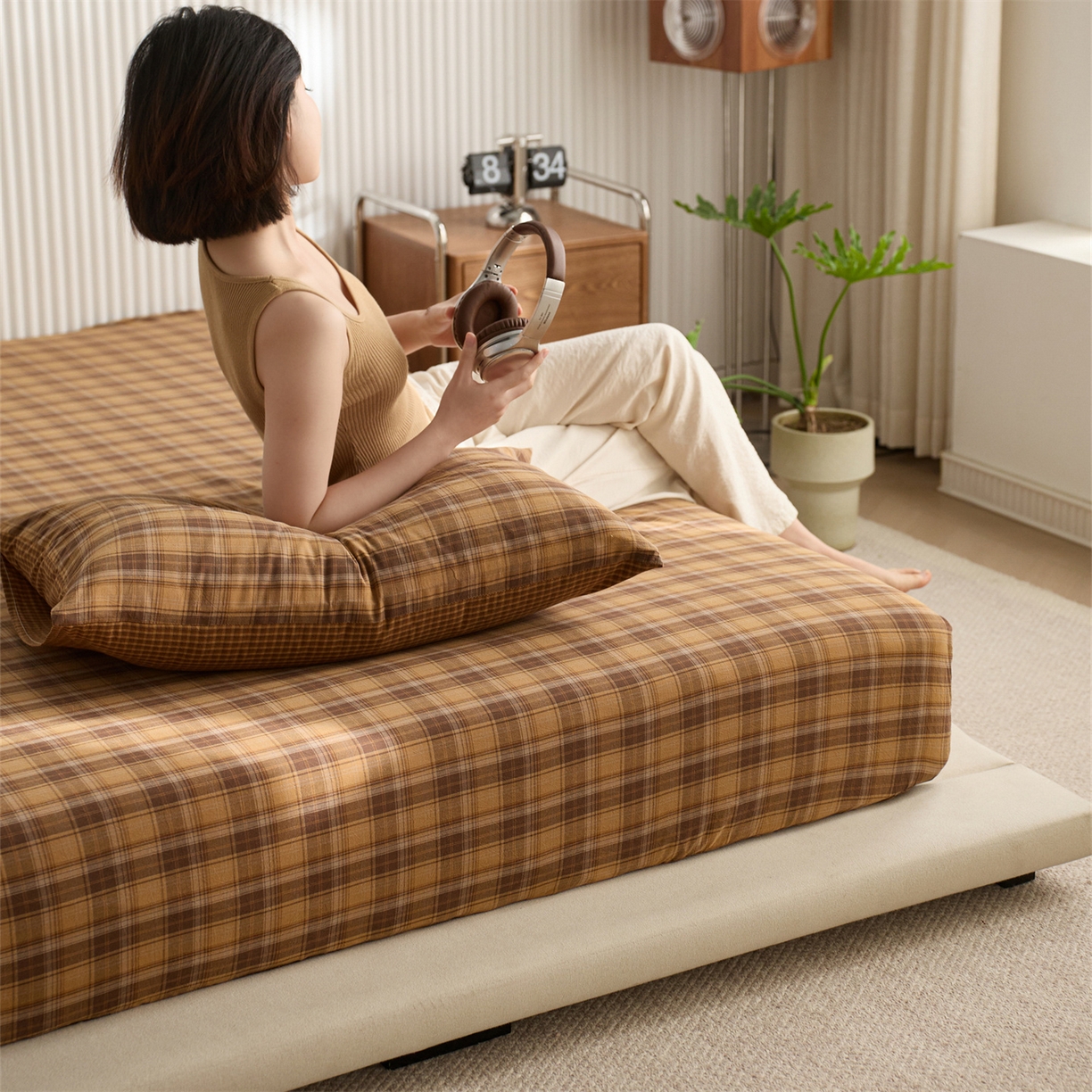 91家纺网 家纺一手货源 找家纺 启程家纺 2026新款纯棉水洗棉复古大格系列多规格纯棉床笠 苏格兰黄大格