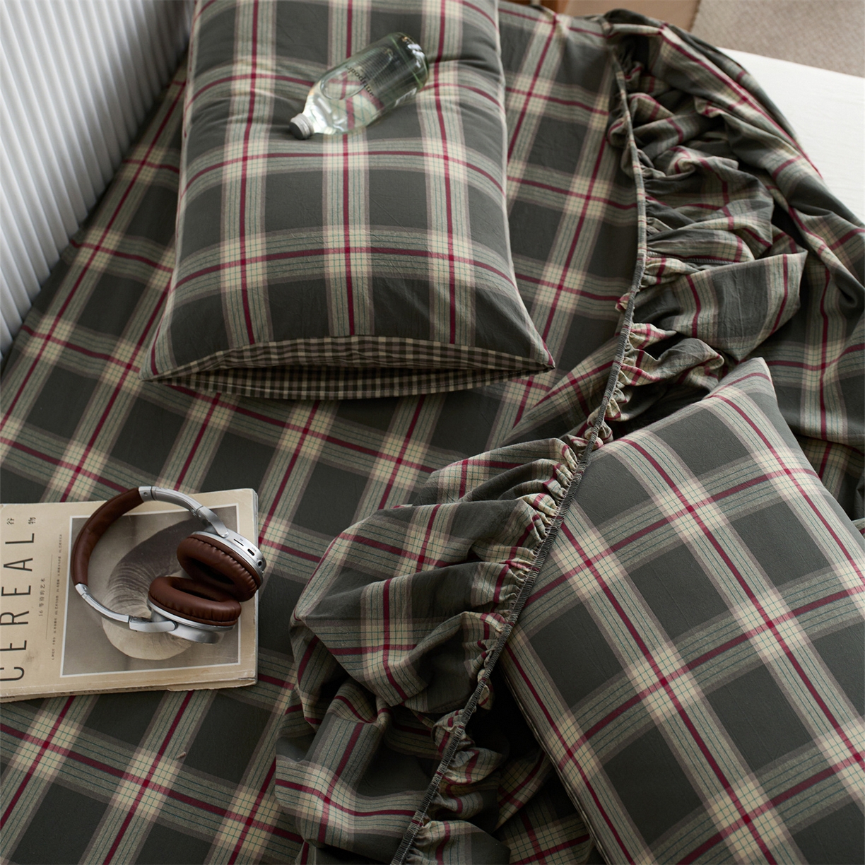 91家纺网 家纺一手货源 找家纺 启程家纺 2026新款纯棉水洗棉复古大格系列多规格纯棉床笠 摩登大绿