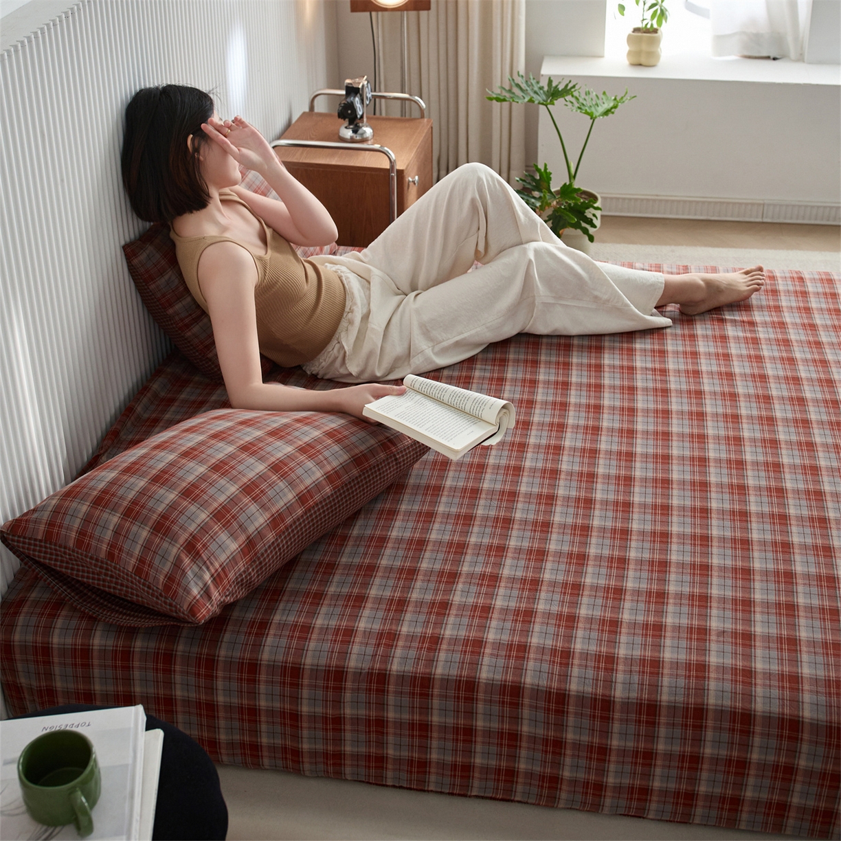 91家纺网 家纺一手货源 找家纺 启程家纺 2026新款纯棉水洗棉复古大格系列多规格纯棉床笠 苏格兰红大格