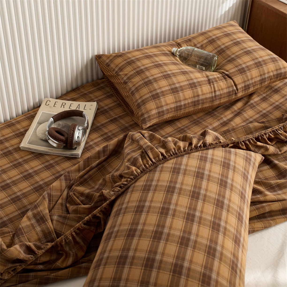 91家纺网 家纺一手货源 找家纺 启程家纺 2026新款纯棉水洗棉复古大格系列多规格纯棉床笠 苏格兰黄大格