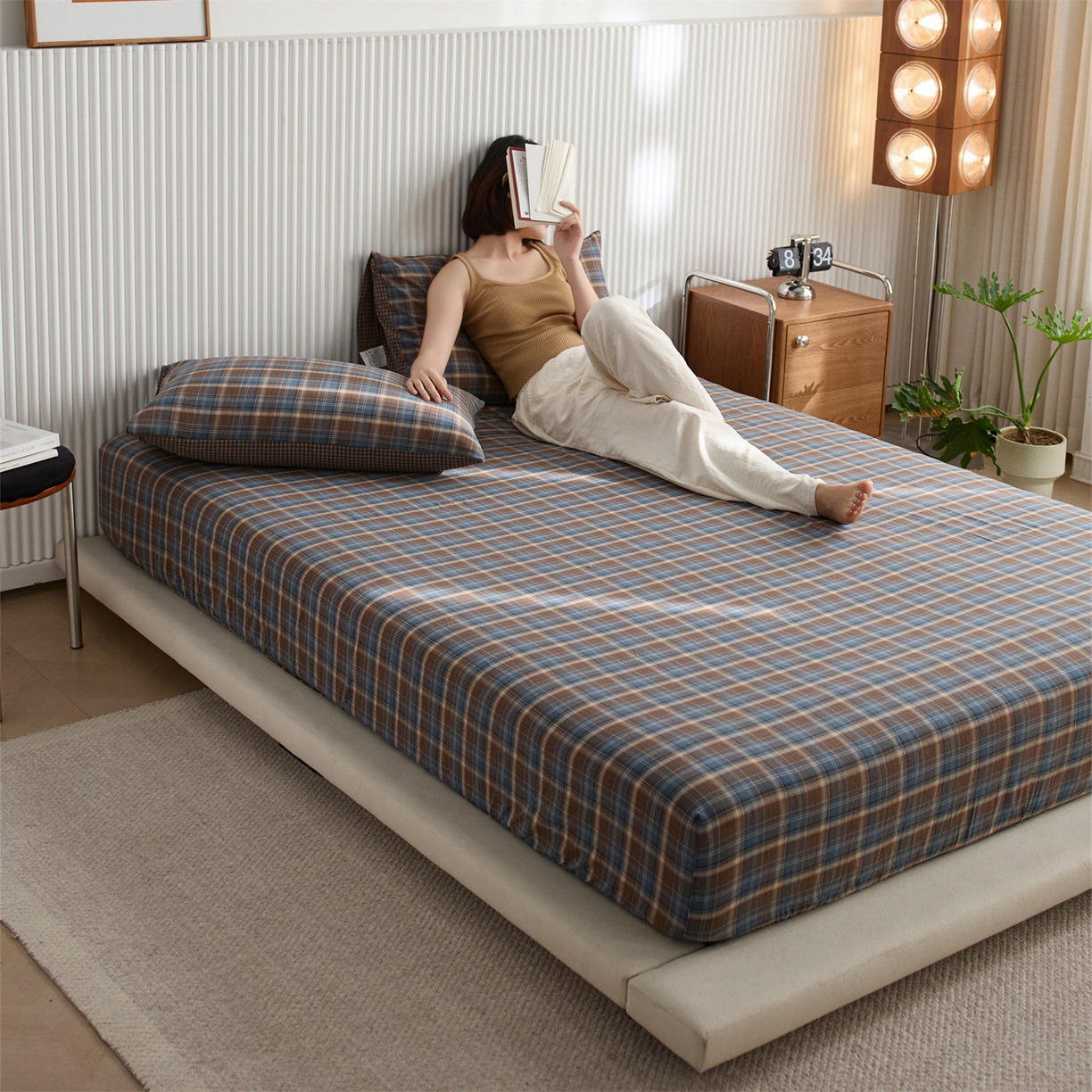 91家纺网 家纺一手货源 找家纺 启程家纺 2026新款纯棉水洗棉复古大格系列多规格纯棉床笠 苏格兰蓝大格