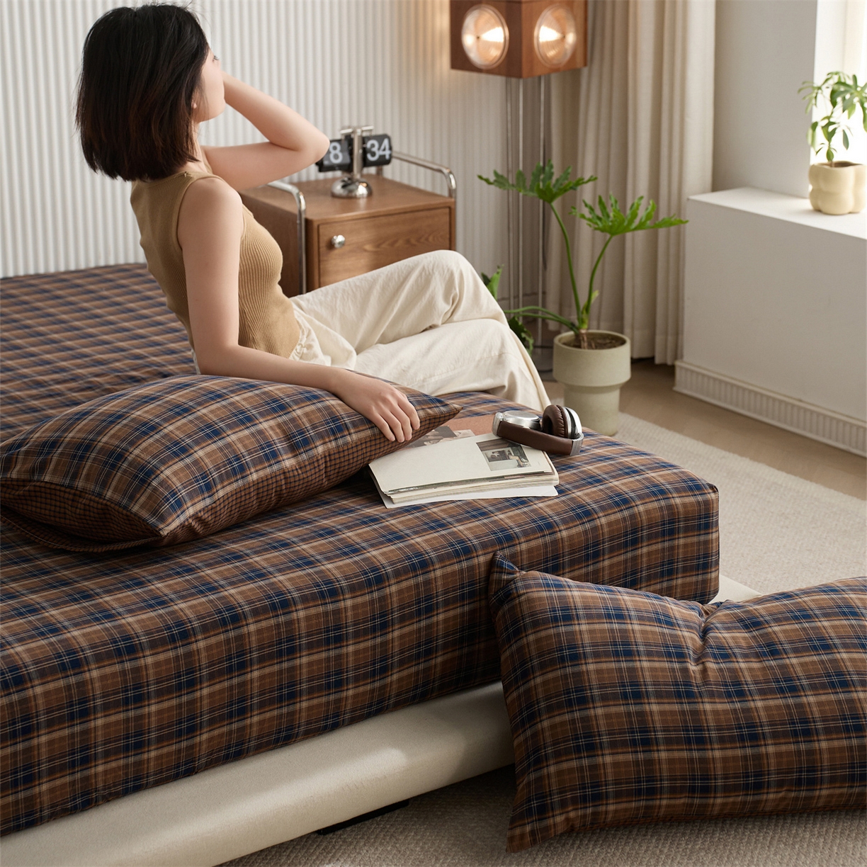 91家纺网 家纺一手货源 找家纺 启程家纺 2026新款纯棉水洗棉复古大格系列多规格纯棉床笠 苏格兰藏蓝大格