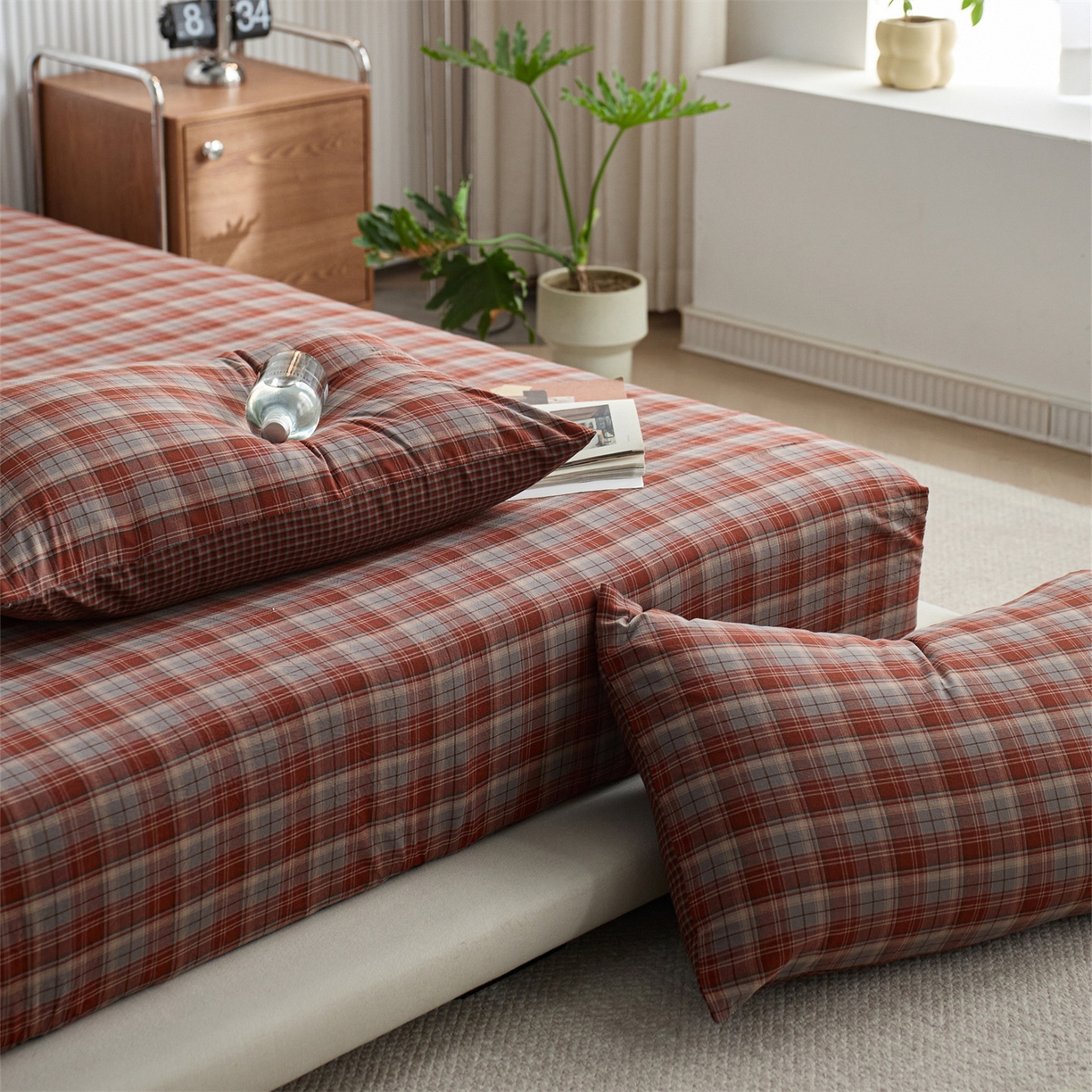 91家纺网 家纺一手货源 找家纺 启程家纺 2026新款纯棉水洗棉复古大格系列多规格纯棉床笠 苏格兰红大格